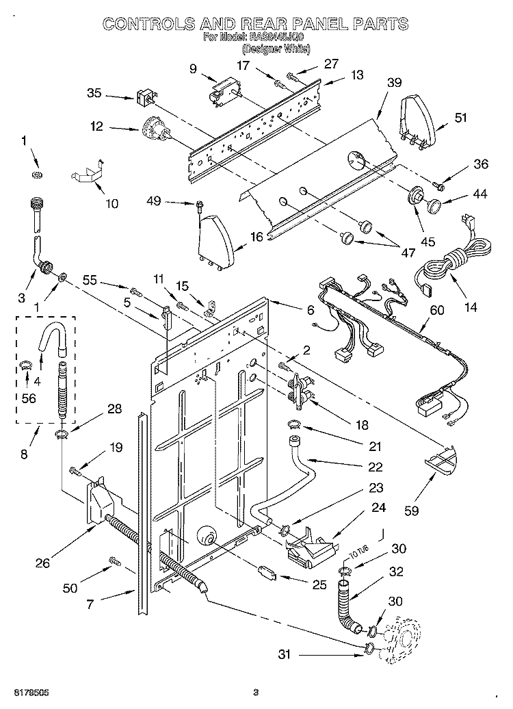 CONTROLS AND REAR PANEL Diagram and Parts List for RAS8445JQ0  Roper Washer
