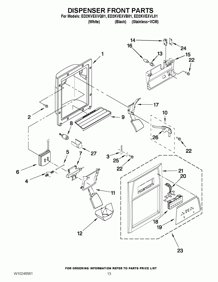 DISPENSER FRONT PARTS Diagram and Parts List for ED2KVEXVB01  Whirlpool Refrigerator