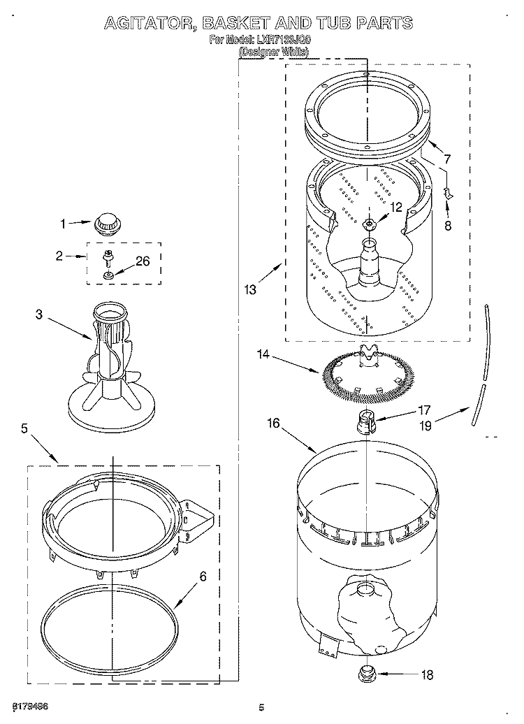AGITATOR, BASKET AND TUB Diagram and Parts List for LXR7133JQ0  Whirlpool Washer