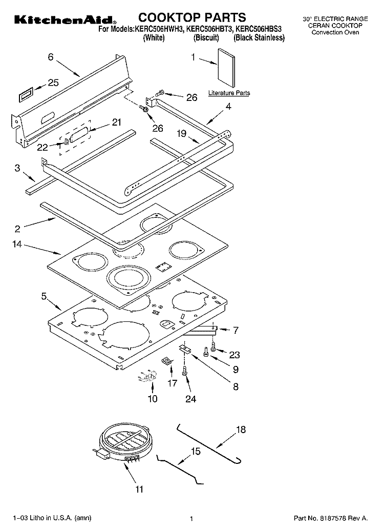 COOKTOP PARTS Diagram and Parts List for KERC506HBT3  KitchenAid Range