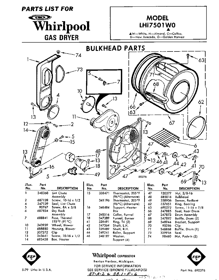 SECTION Diagram and Parts List for LHI7501W0  Whirlpool Dryer