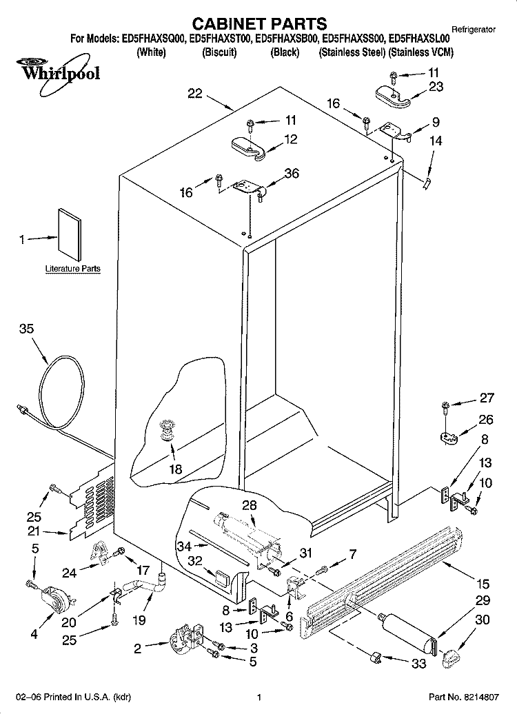 CABINET PARTS Diagram and Parts List for ED5FHAXSQ00  Whirlpool Refrigerator