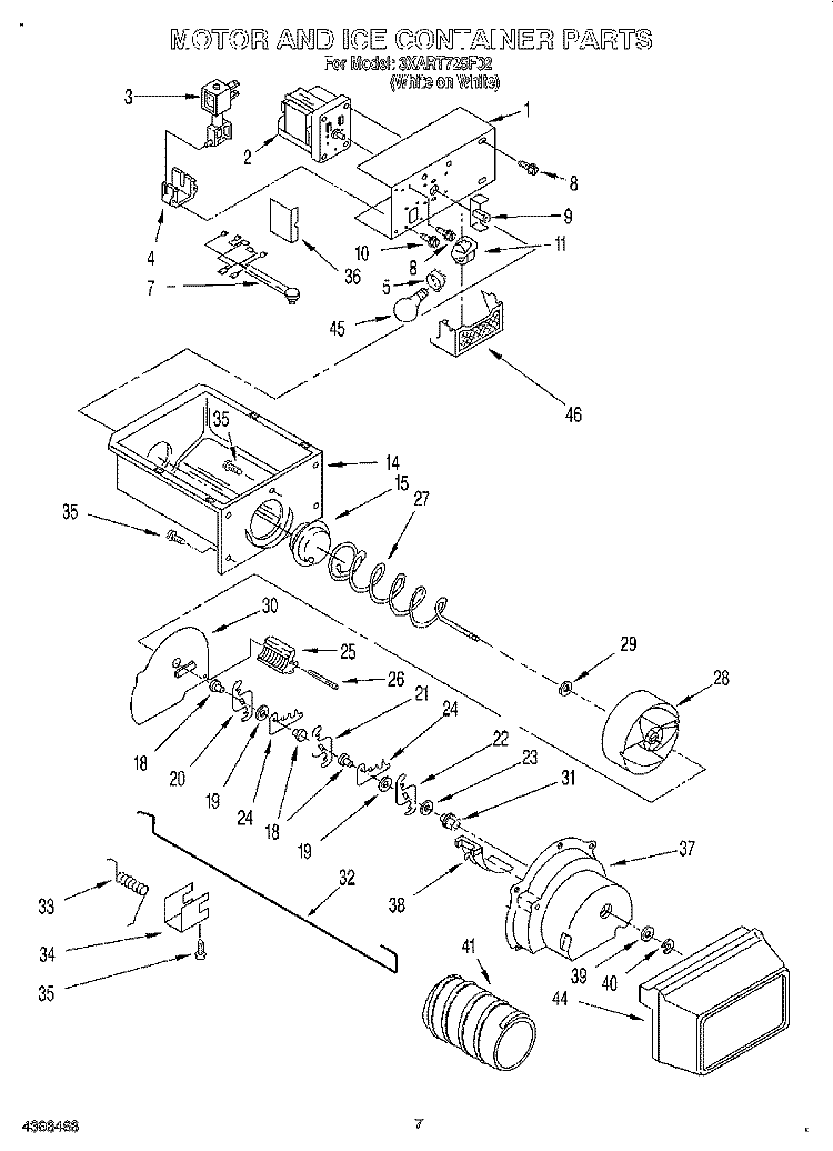 MOTOR AND ICE CONTAINER Diagram and Parts List for 3XART725F02  Whirlpool Refrigerator