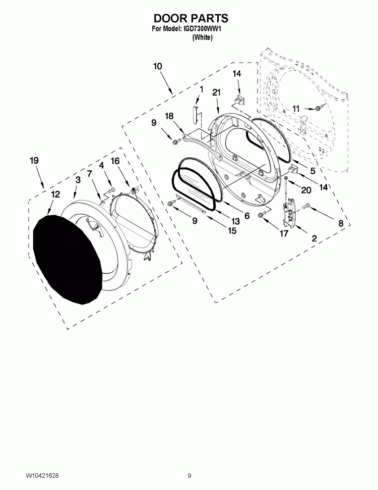 DOOR PARTS Diagram and Parts List for IGD7300WW1  Inglis Dryer