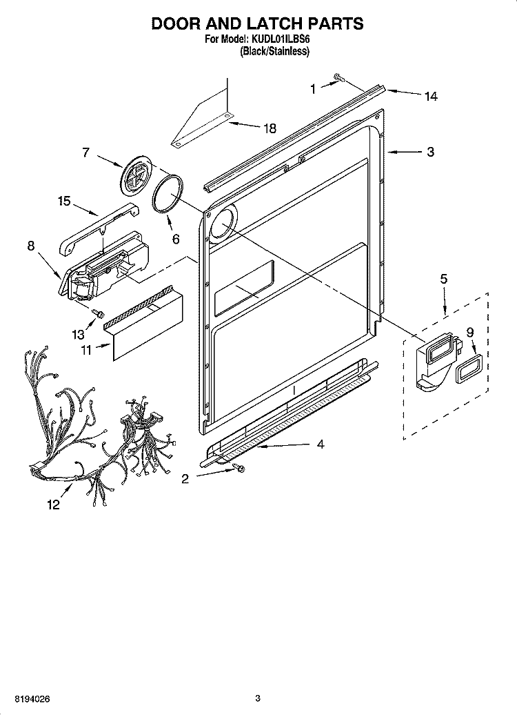 DOOR AND LATCH PARTS Diagram and Parts List for KUDL01ILBS6  KitchenAid Dishwasher