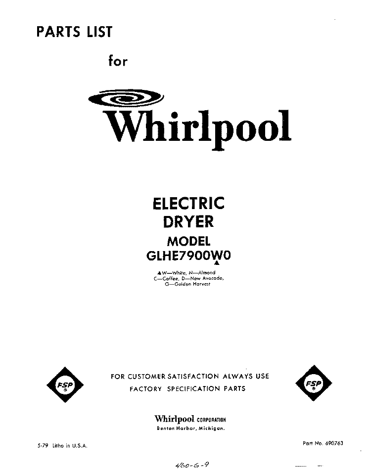 SECTION Diagram and Parts List for GLHE7900W0  Whirlpool Dryer