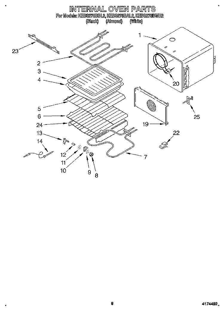 INTERNAL OVEN Diagram and Parts List for KEBS278BBL2  KitchenAid Wall Oven