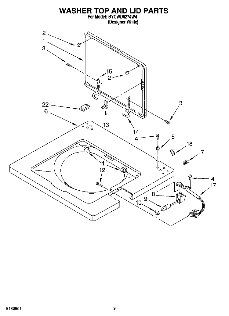 WASHER TOP AND LID PARTS Diagram and Parts List for BYCWD6274W4  Crosley Washer Dryer Combo