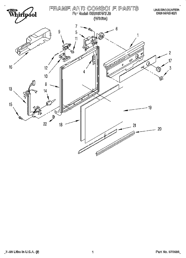 FRAME AND CONSOLE Diagram and Parts List for DU810DWGU0  Whirlpool Dishwasher
