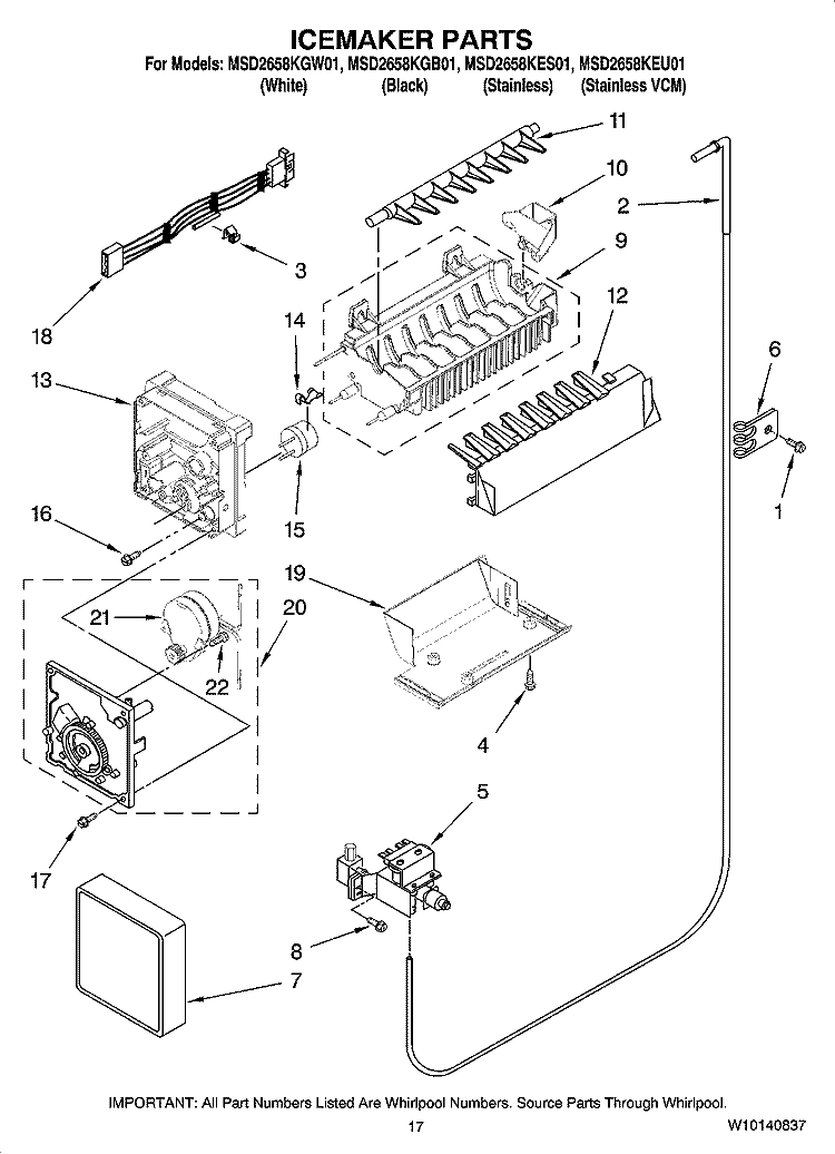 ICEMAKER PARTS Diagram and Parts List for MSD2658KGB01  Whirlpool Refrigerator