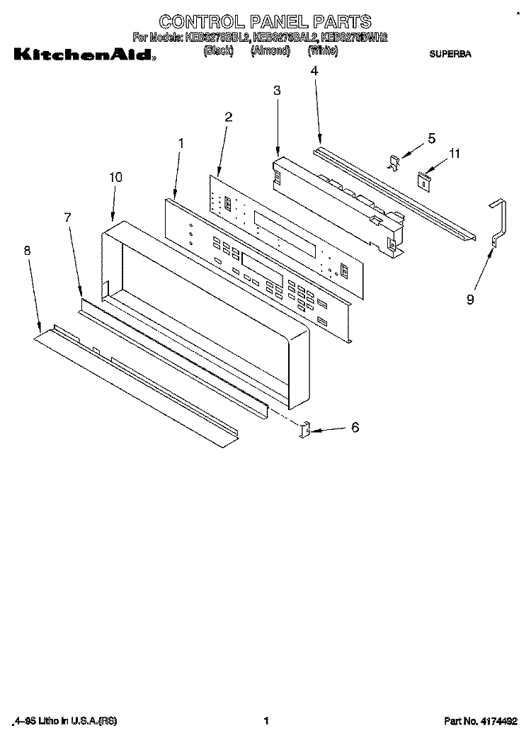 CONTROL PANEL, LIT/OPTIONAL Diagram and Parts List for KEBS278BBL2  KitchenAid Wall Oven