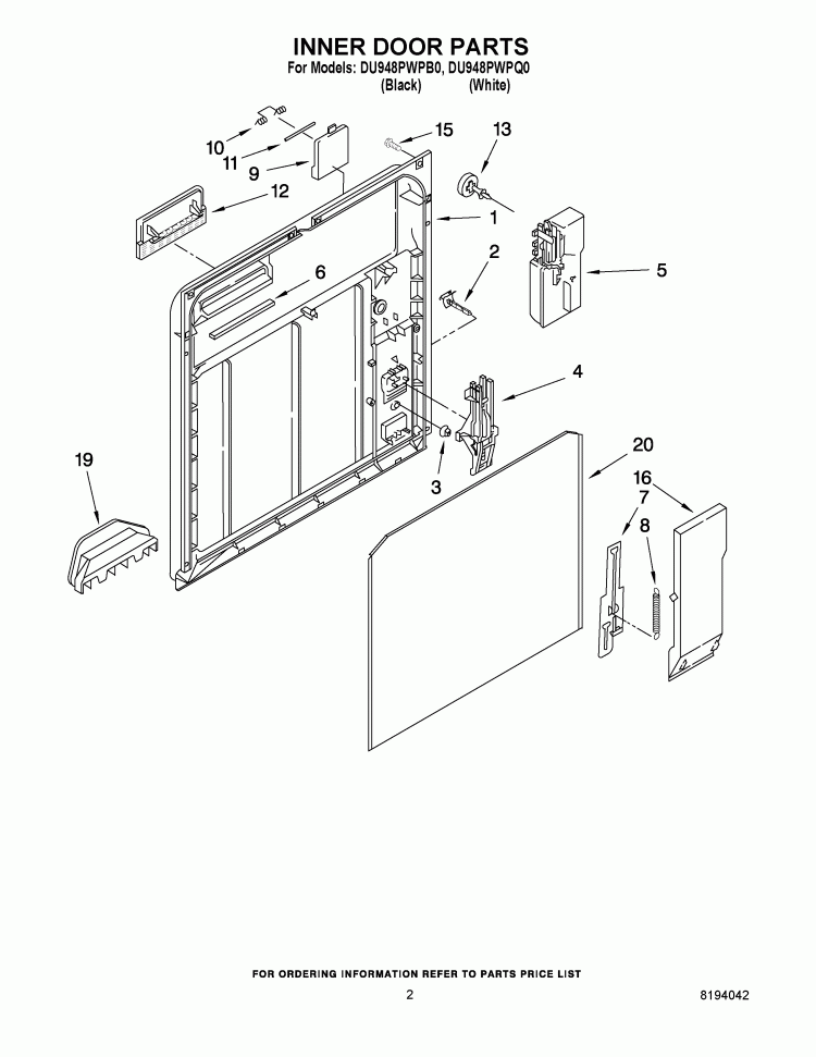 INNER DOOR PARTS Diagram and Parts List for DU948PWPQ0  Whirlpool Dishwasher
