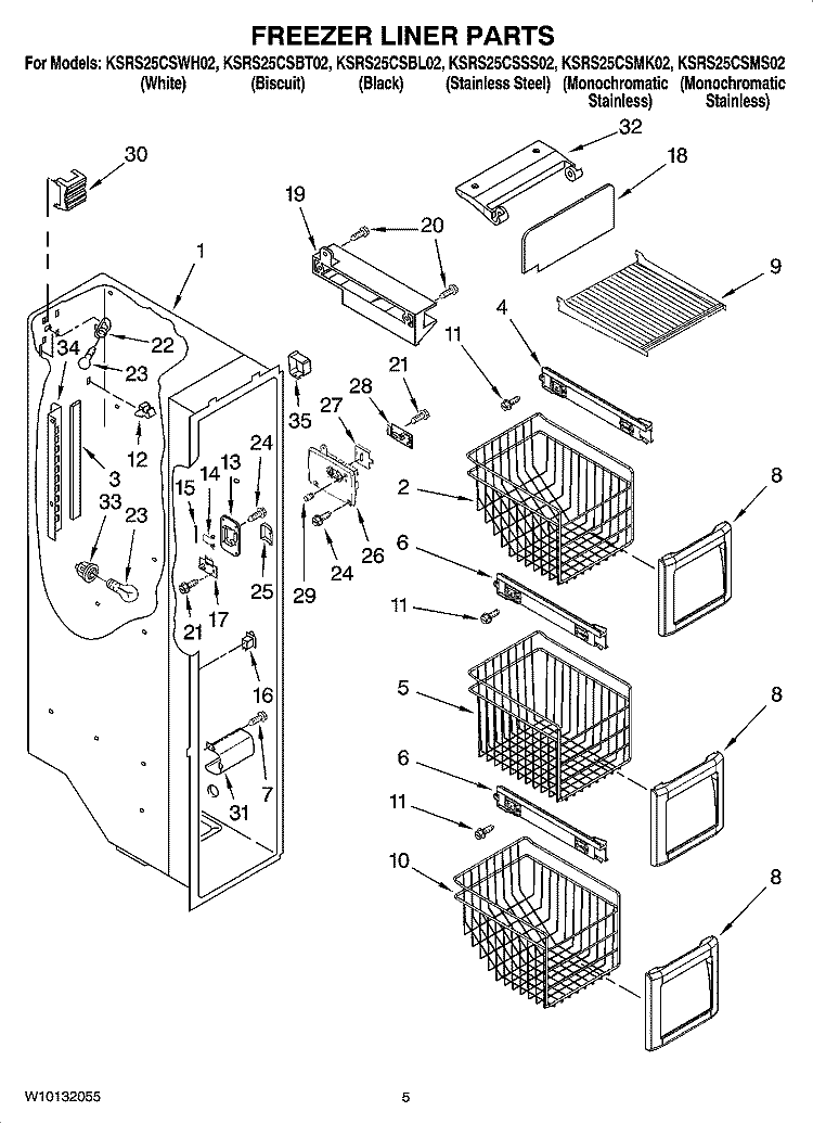 FREEZER LINER PARTS Diagram and Parts List for KSRS25CSSS02  KitchenAid Refrigerator