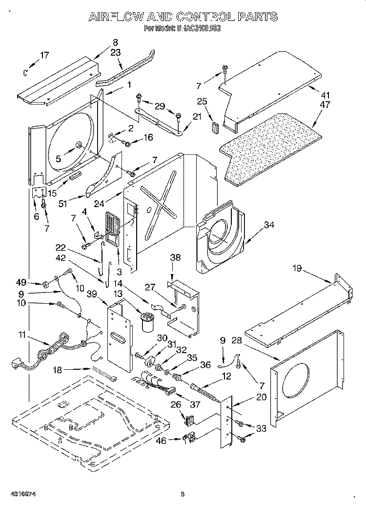 AIRFLOW AND CONTROL Diagram and Parts List for BHAC2400BS2  Whirlpool Air Conditioner