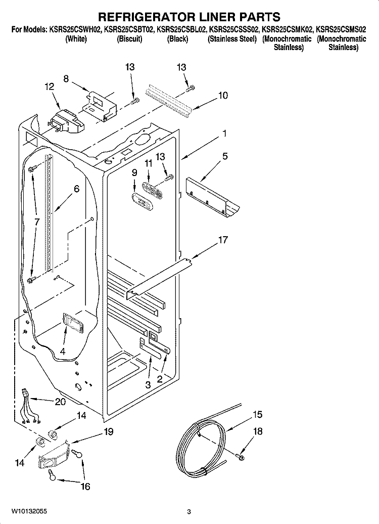 REFRIGERATOR LINER PARTS Diagram and Parts List for KSRS25CSSS02  KitchenAid Refrigerator