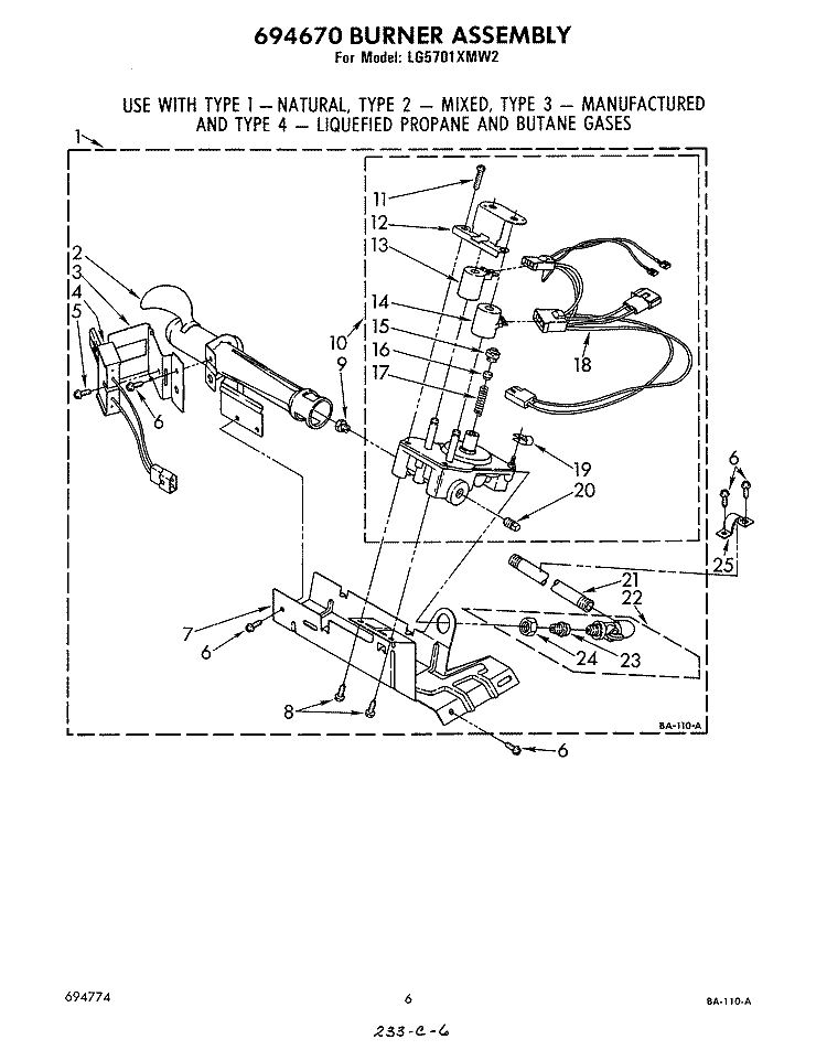 694670 BURNER ASSEMBLY Diagram and Parts List for LG5701XMW2  Whirlpool Dryer