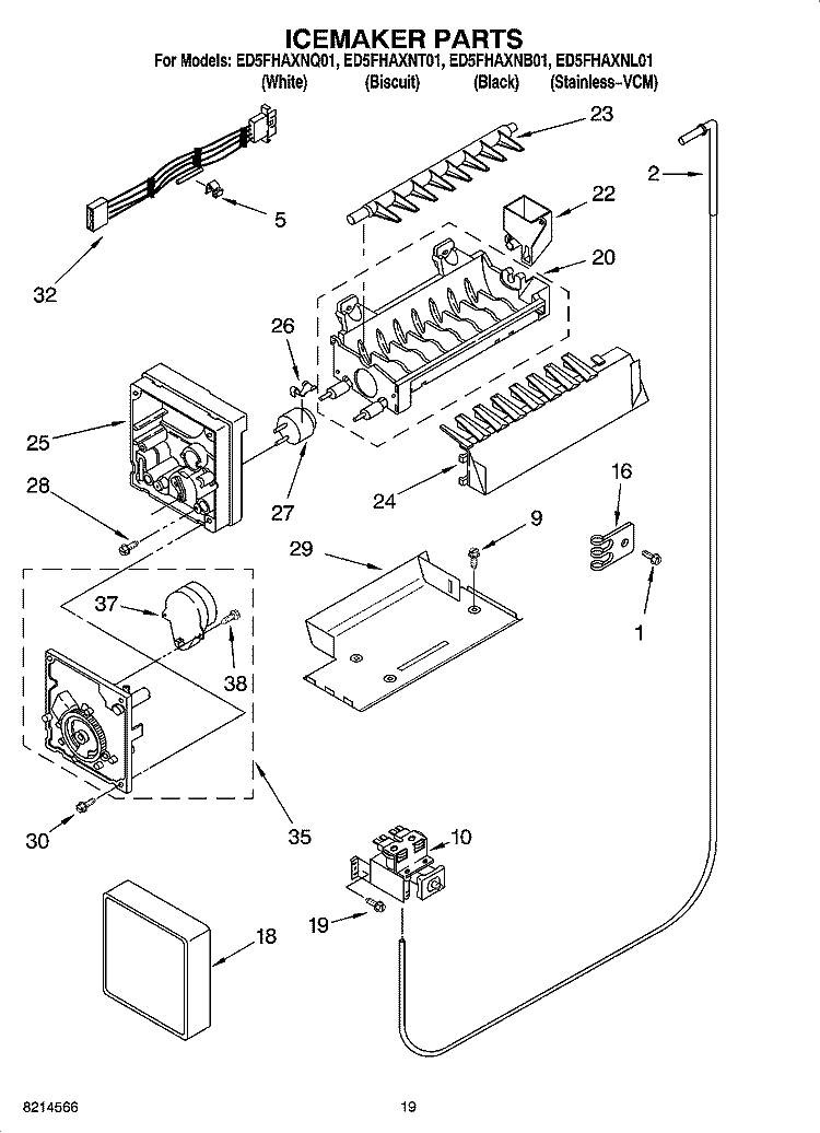 ICEMAKER PARTS, OPTIONAL PARTS Diagram and Parts List for ED5FHAXNT01  Whirlpool Refrigerator