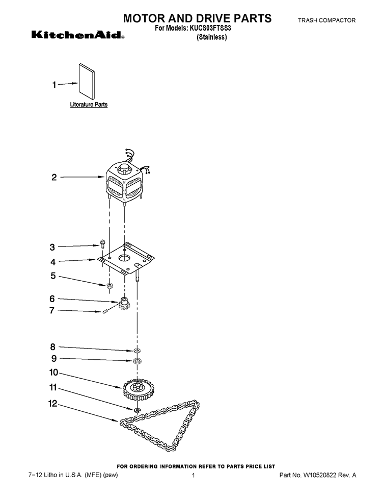 MOTOR AND DRIVE PARTS Diagram and Parts List for KUCS03FTSS3  KitchenAid Trash Compactor