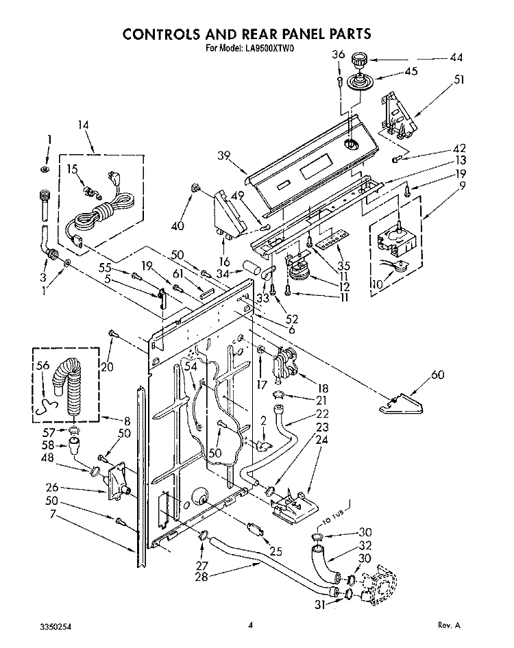 CONTROLS AND REAR PANEL Diagram and Parts List for LA9500XTM0  Whirlpool Washer