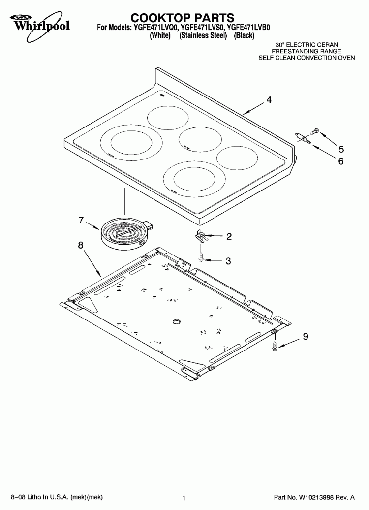 COOKTOP PARTS Diagram and Parts List for YGFE471LVQ0  Whirlpool Range