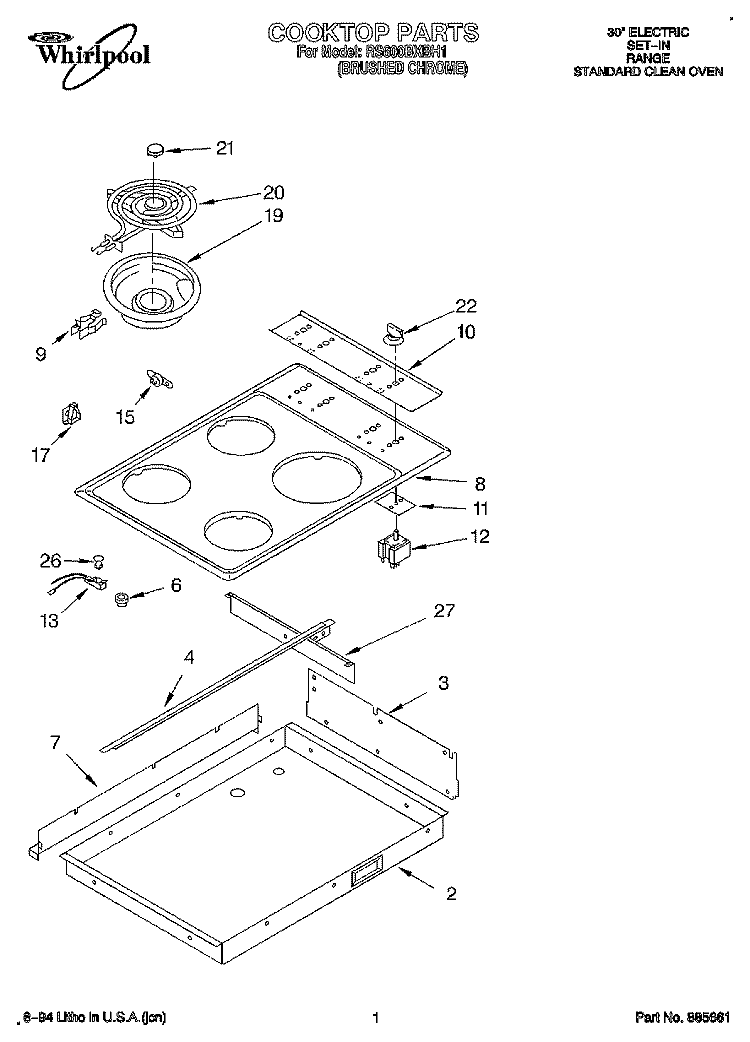 COOKTOP, LITERATURE Diagram and Parts List for RS600BXBH1  Whirlpool Range