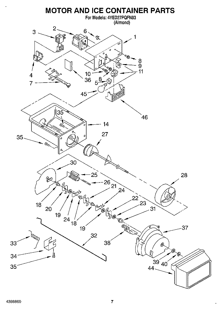 MOTOR AND ICE CONTAINER Diagram and Parts List for 4YED27PQFN03  Whirlpool Refrigerator