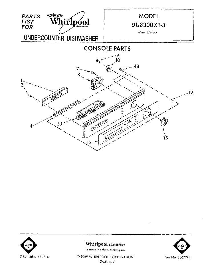 CONSOLE Diagram and Parts List for DU8300XT3  Whirlpool Dishwasher