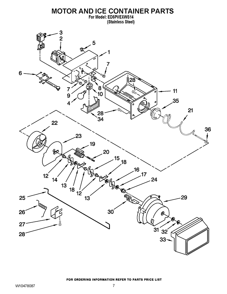 MOTOR AND ICE CONTAINER PARTS Diagram and Parts List for ED5PVEXWS14  Whirlpool Refrigerator