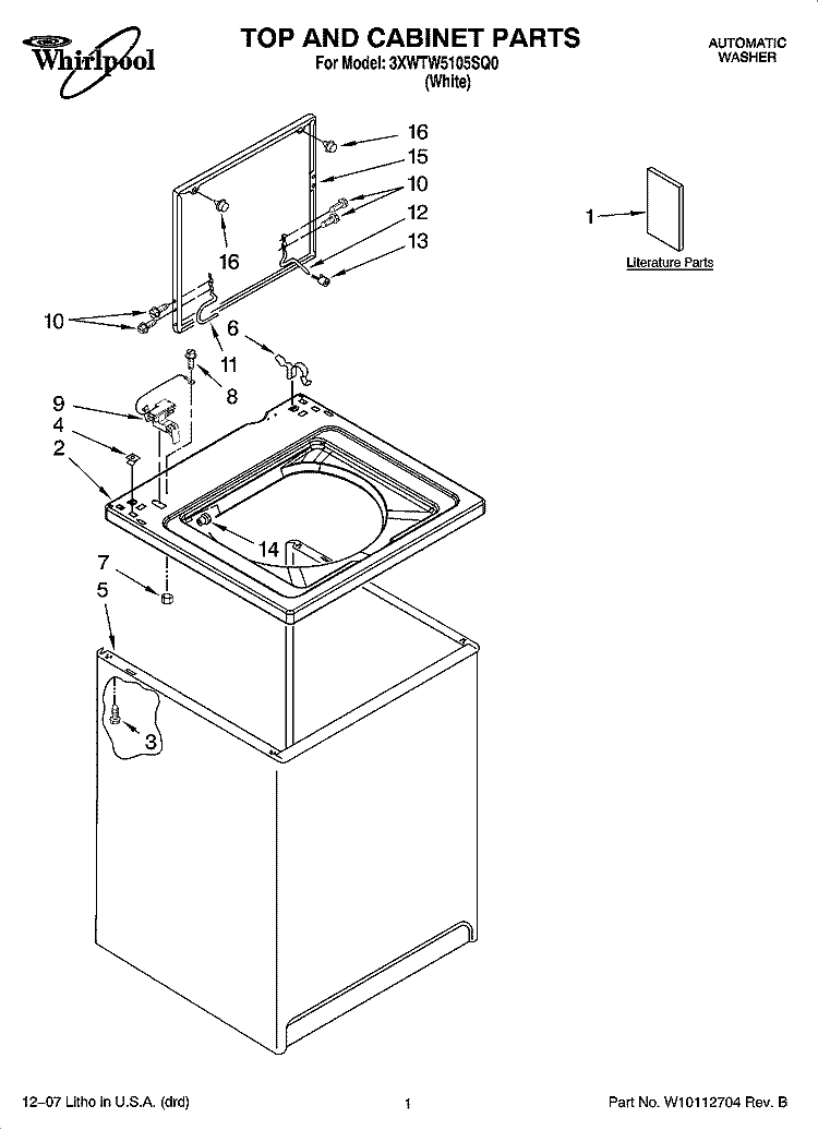 TOP AND CABINET PARTS Diagram and Parts List for 3XWTW5105SQ0  Whirlpool Washer