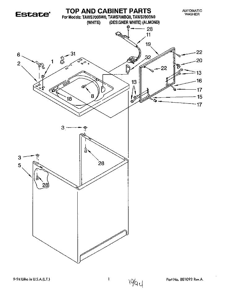 TOP AND CABINET, LIT/OPTIONAL Diagram and Parts List for TAWS700BQ0  Estate Washer