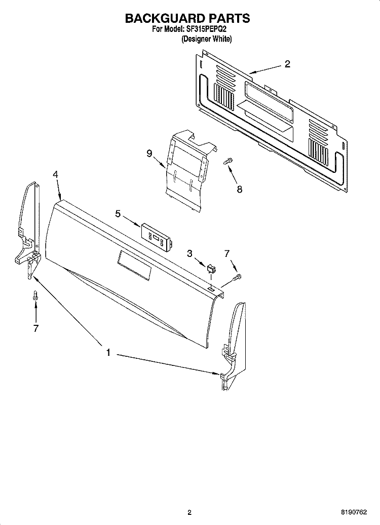 BACKGUARD PARTS Diagram and Parts List for SF315PEPQ2  Whirlpool Range