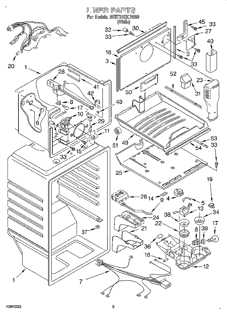 LINER Diagram and Parts List for 3VET21DKDW03  Whirlpool Refrigerator