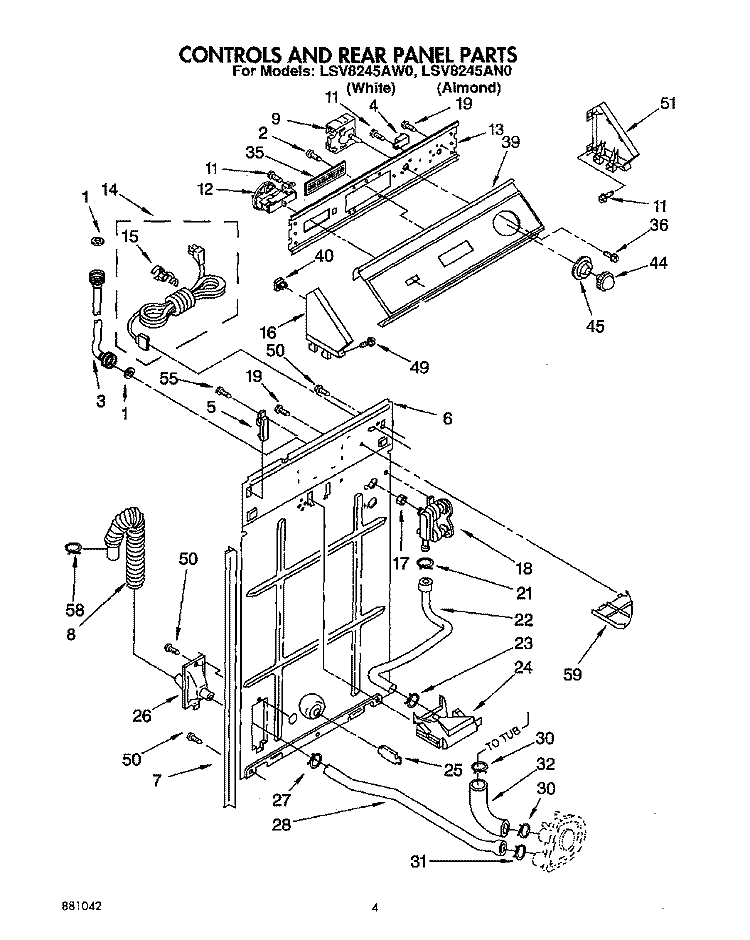 CONTROLS AND REAR PANEL Diagram and Parts List for LSV8245AW0  Whirlpool Washer