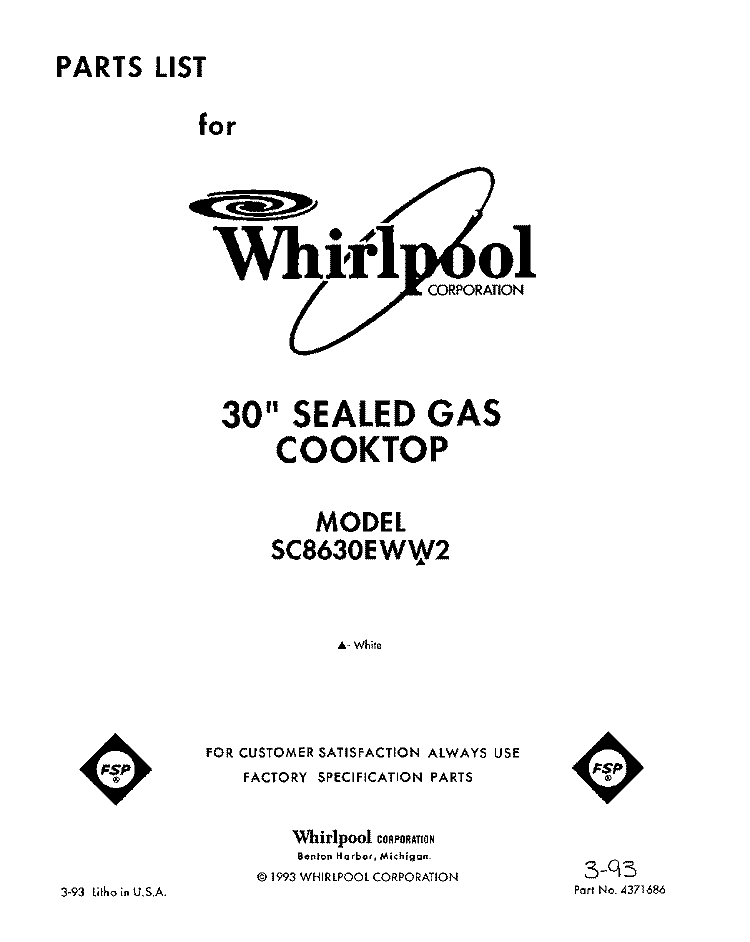 SECTION Diagram and Parts List for SC8630EWW2  Whirlpool Cooktop