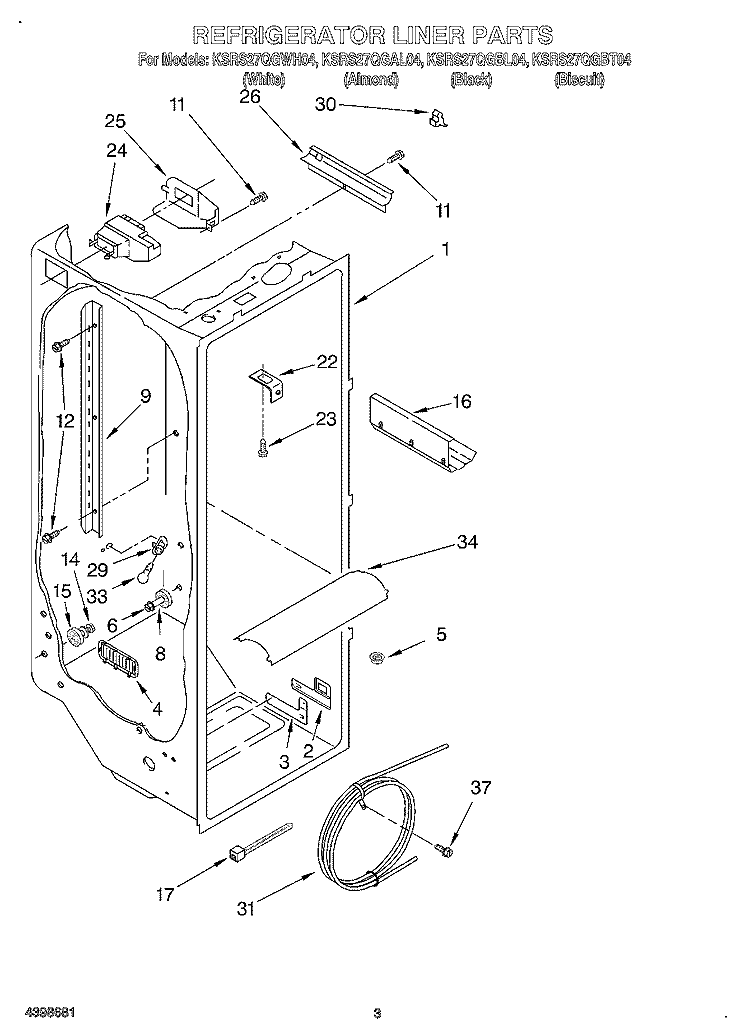 REFRIGERATOR LINER Diagram and Parts List for KSRS27QGAL04  KitchenAid Refrigerator