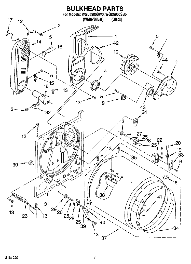 BULKHEAD PARTS Diagram and Parts List for WGD5900SB0  Whirlpool Dryer