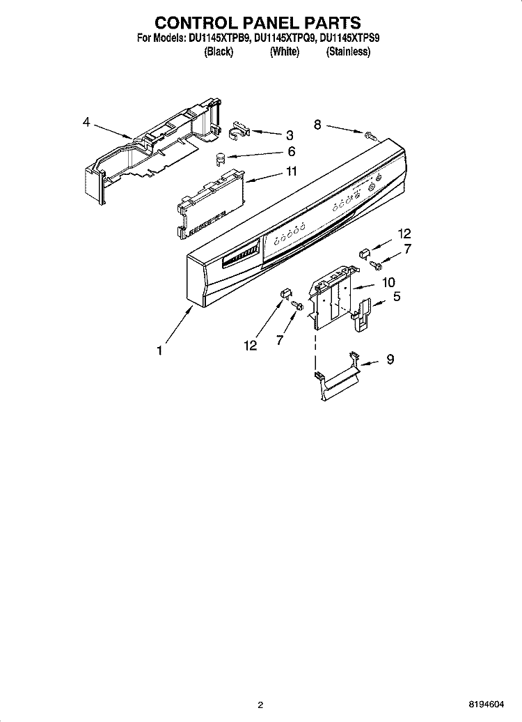 CONTROL PANEL PARTS Diagram and Parts List for DU1145XTPQ9  Whirlpool Dishwasher