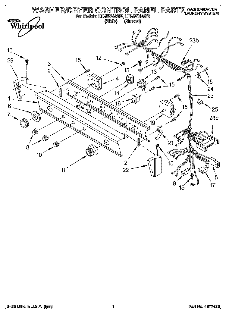 WASHER/DRYER CONTROL PANEL Diagram and Parts List for LTG6234AN2  Whirlpool Washer Dryer Combo