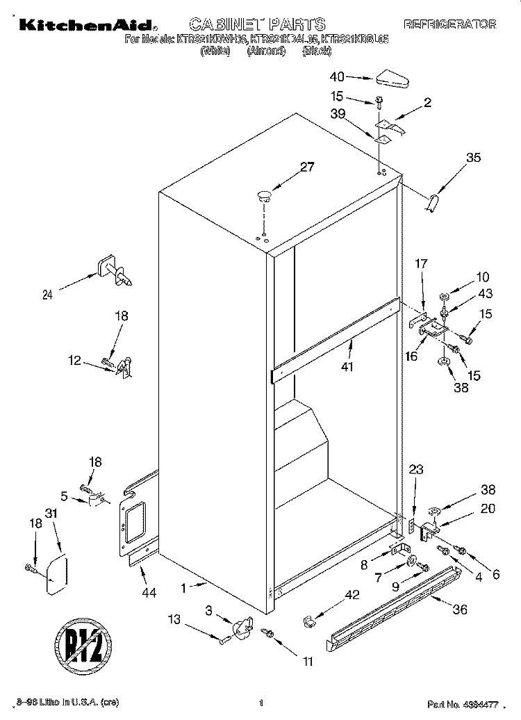 CABINET Diagram and Parts List for KTRS21KDAL05  KitchenAid Refrigerator