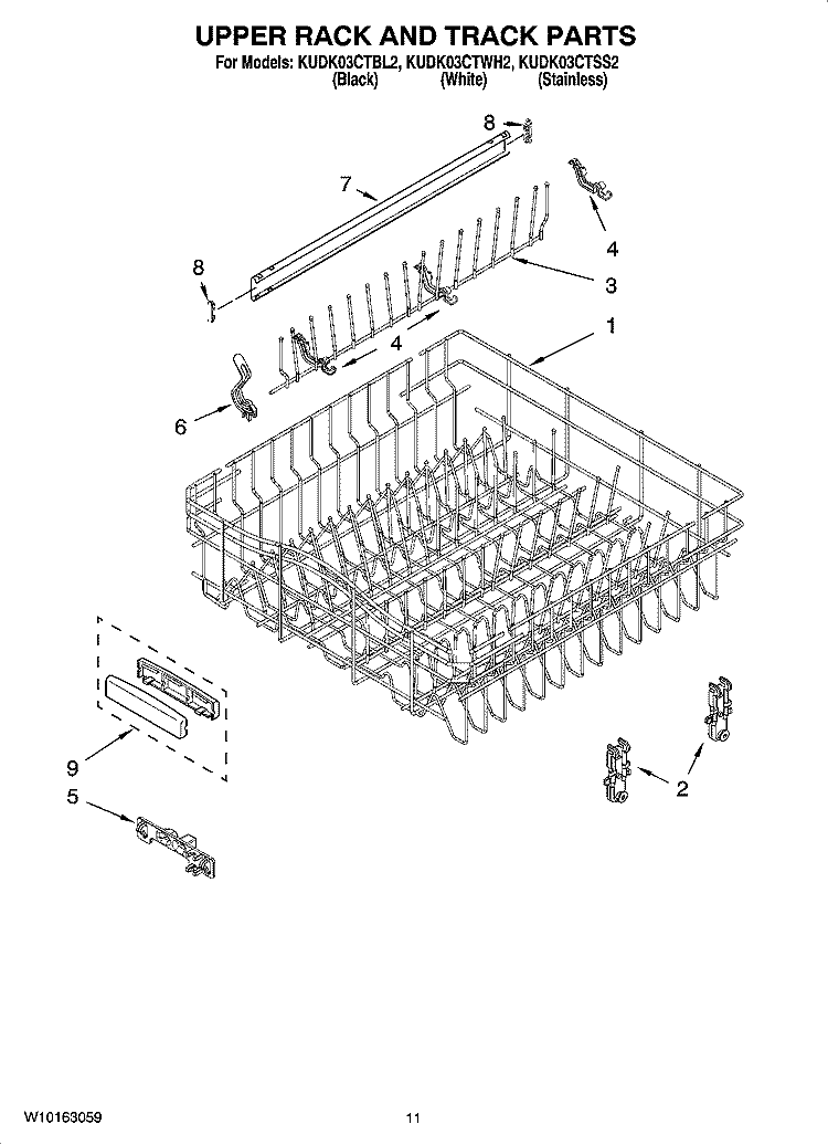 UPPER RACK AND TRACK PARTS Diagram and Parts List for KUDK03CTSS2  KitchenAid Dishwasher
