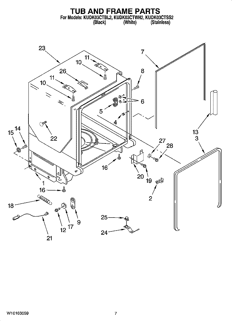 TUB AND FRAME PARTS Diagram and Parts List for KUDK03CTSS2  KitchenAid Dishwasher
