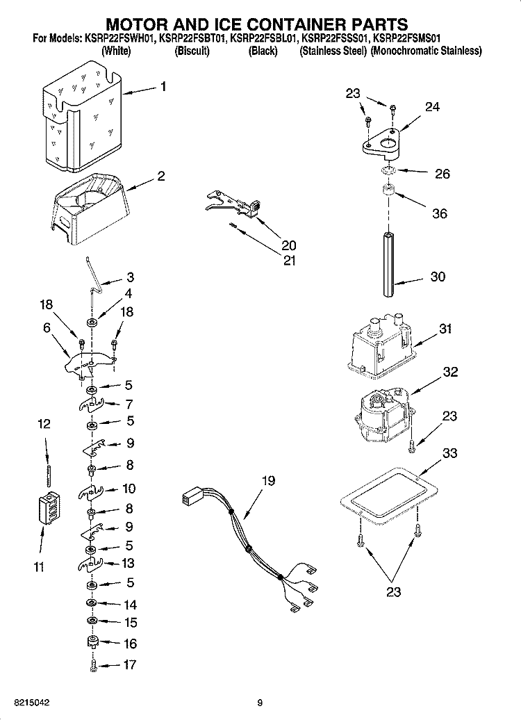 MOTOR AND ICE CONTAINER PARTS Diagram and Parts List for KSRP22FSBT01  KitchenAid Refrigerator