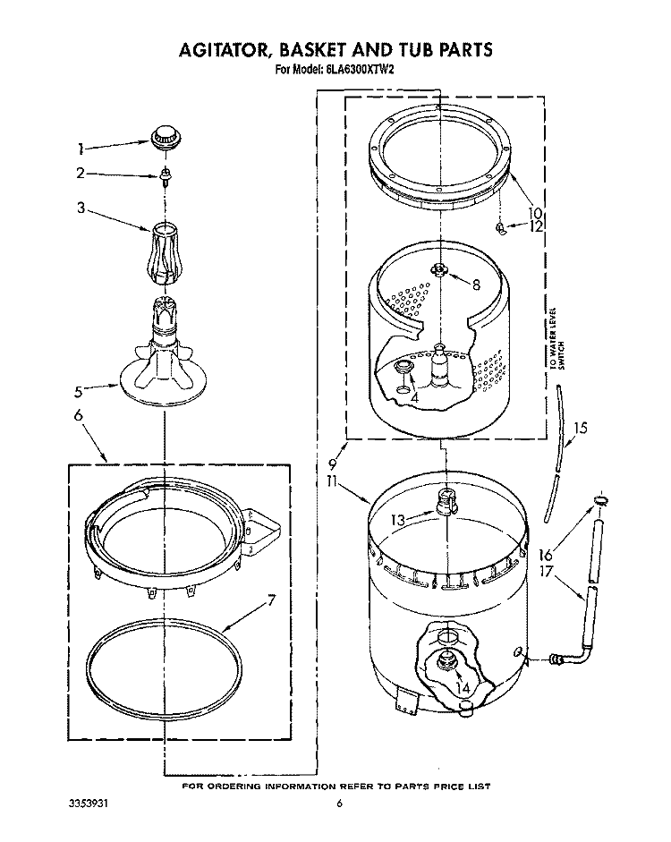 AGITATOR, BASKET AND TUB Diagram and Parts List for 6LA6300XTW2  Whirlpool Washer