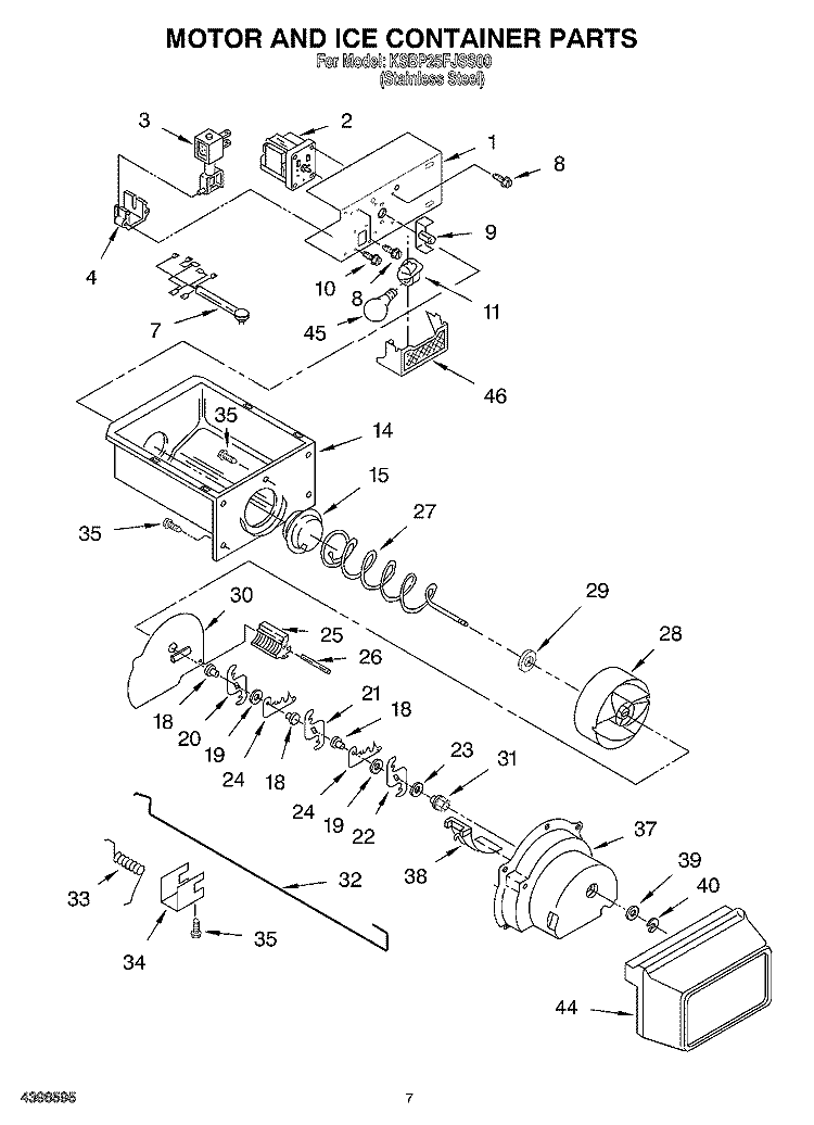 MOTOR AND ICE CONTAINER Diagram and Parts List for KSBP25FJSS00  KitchenAid Refrigerator