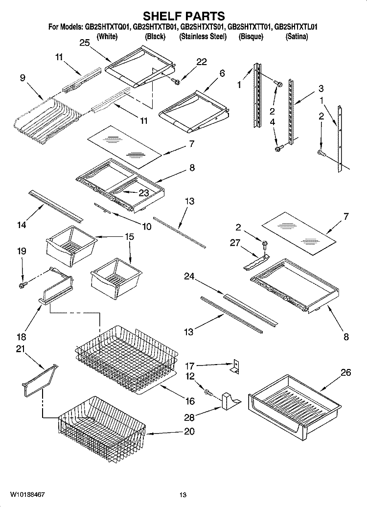 SHELF PARTS Diagram and Parts List for GB2SHTXTB01  Whirlpool Refrigerator