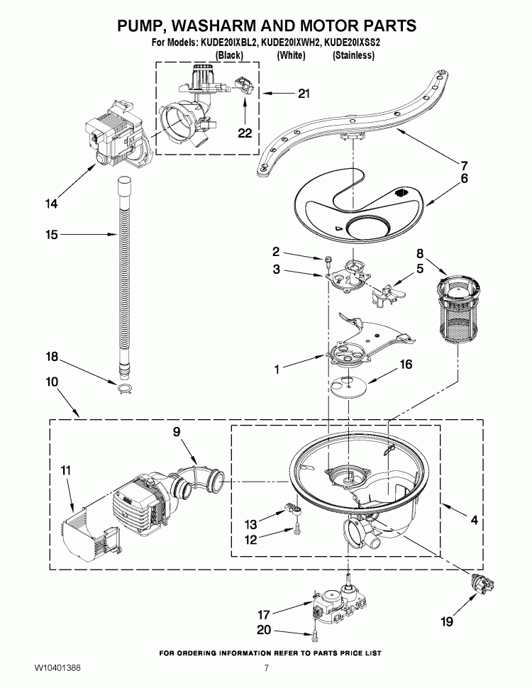 PUMP, WASHARM AND MOTOR PARTS Diagram and Parts List for KUDE20IXSS2  KitchenAid Dishwasher