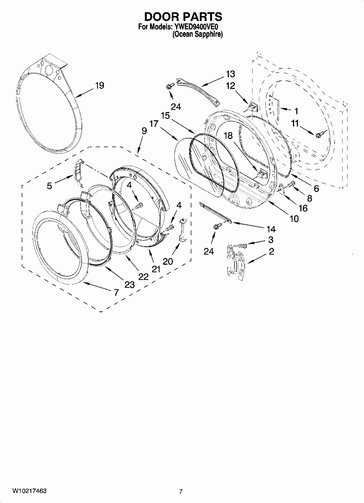 DOOR PARTS, OPTIONAL PARTS (NOT INCLUDED) Diagram and Parts List for YWED9400VE0  Whirlpool Dryer