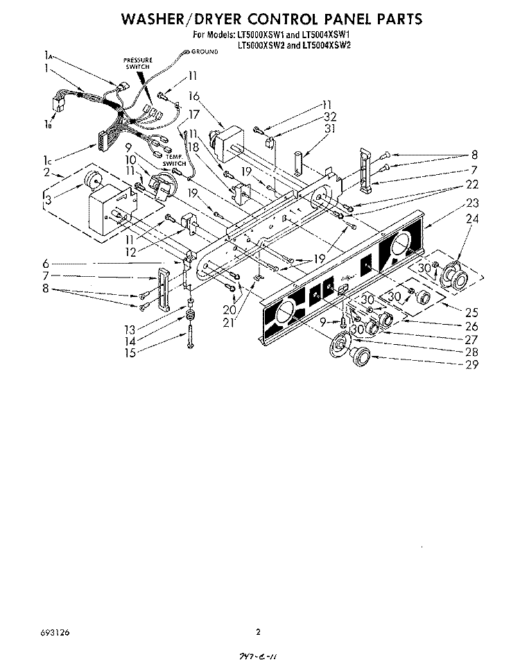 WASHER/DRYER CONTROL PANEL Diagram and Parts List for LT5000XSW1  Whirlpool Washer Dryer Combo