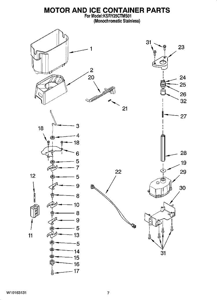 MOTOR AND ICE CONTAINER PARTS Diagram and Parts List for KSRY25CTMS01  KitchenAid Refrigerator