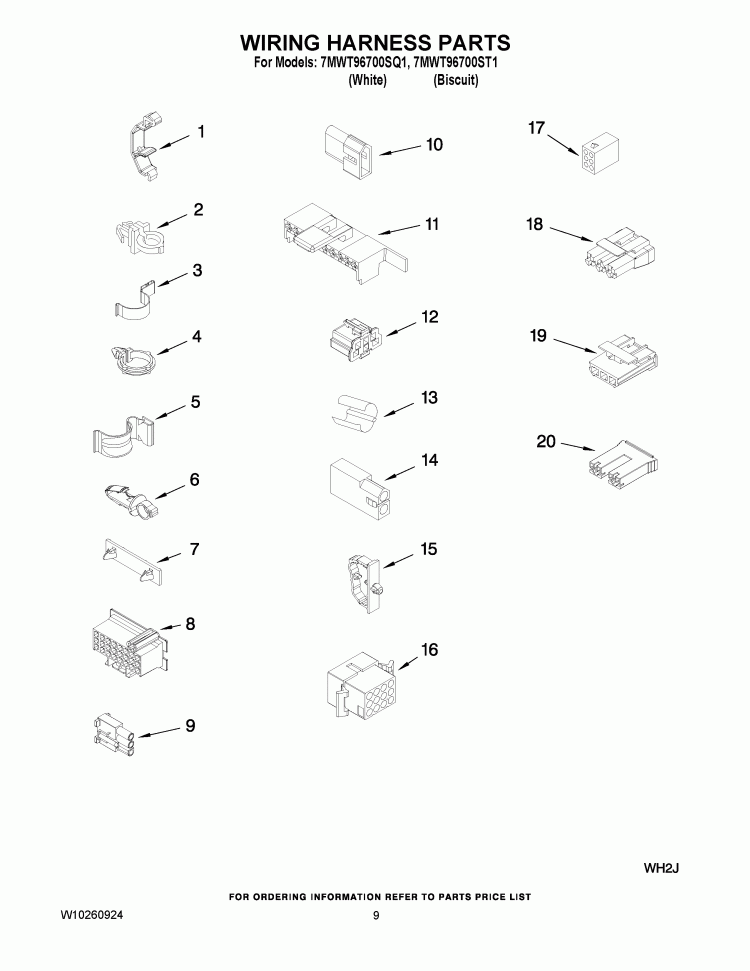 WIRING HARNESS PARTS Diagram and Parts List for 7MWT96700ST1  Whirlpool Washer